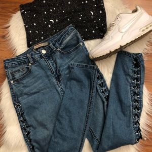 trendy medium blue lace-up denim